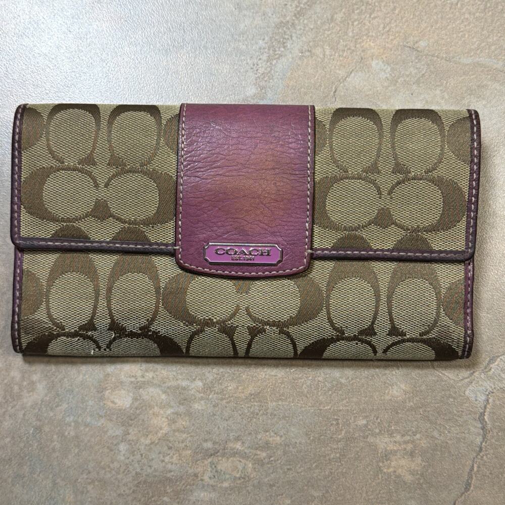 Vintage Coach Signature Mahogany/khaki Wallet/CB, Purple Leather Detail & Inside